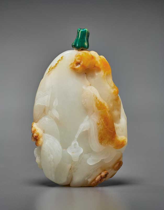 Amura,AmuraWorld,AmuraYachts, Botella de rapé tallada en jade blanco y bermejo, escuela de Suzhou, 1750-1830. 6.6 cm de altura. Valor estimado: 40,000-60,000 dólares.