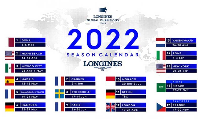 Amura,AmuraWorld,AmuraYachts, El calendario del Longines Global Champions Tour 2022 está conformado por 17 etapas.