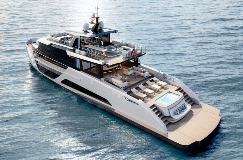 Amura,AmuraWorld,AmuraYachts, Impulsado por un par de motores MAN V12 de 1,650 hp, alcanzará una velocidad máxima de 16 nudos y crucero de 14.7 nudos, con un rango aproximado de 2,400 m.n.