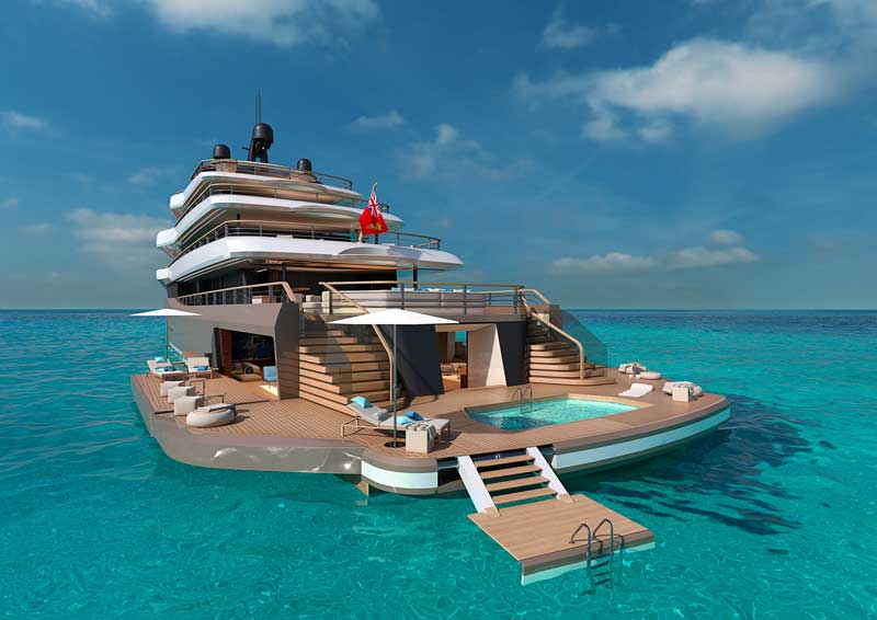 Amura,AmuraWorld,AmuraYachts, “The Island” del Moonflower 72 es una cubierta de popa/beach club extensible con terrazas laterales abatibles.