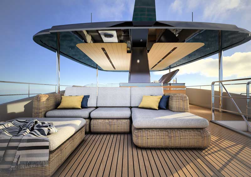 Amura,AmuraWorld,AmuraYachts, Toda la superficie del <em>flybridge</em> está cubierta con paneles solares que alimentan los sistemas de a bordo.