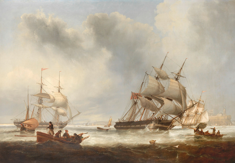 Amura,AmuraWorld,AmuraYachts, John Wilson Carmichael (GB, 1800-1868). <em>Las nuevas embarcaciones de Newcastle, </em>Favorite y Majestic<em>, pasan por los accesos a South Shields, con las ruinas de Tynemouth Priory en lo alto del acantilado más allá.</em>