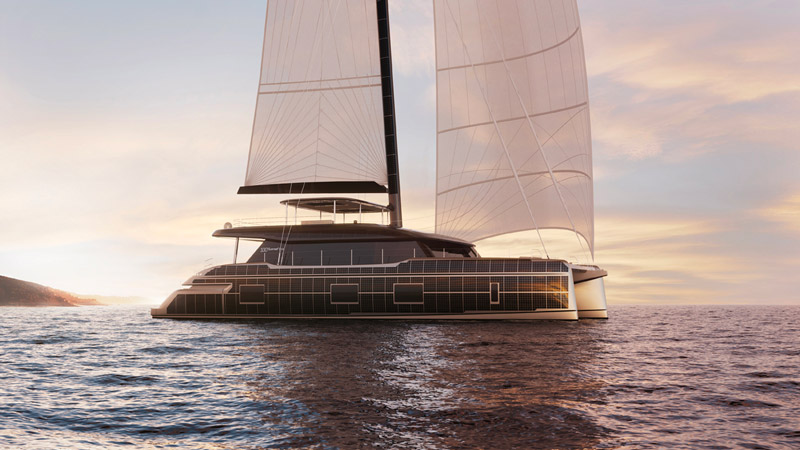 Amura,AmuraWorld,AmuraYachts, El catamarán cuenta con paneles solares en los costados y la parte superior.