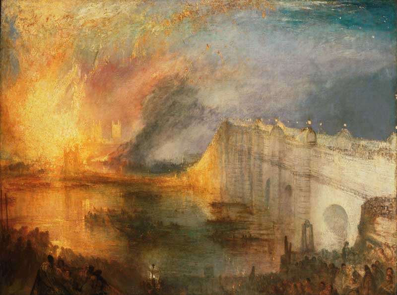 Amura,AmuraWorld,AmuraYachts, <em>Joseph Mallord William Turner, RA, El incendio de las Cámaras de los Lores y de los Comunes</em>, 16 de octubre de 1834 (1834-1835). Museo de Arte de Filadelfia. Este es uno de los dos óleos de Turner sobre el tema, basado en bocetos que hizo mientras presenciaba el evento.