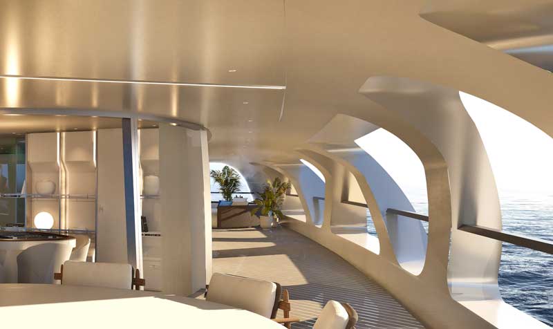 Amura,AmuraWorld,AmuraYachts, Para mantener el volumen por debajo de 500 GT, las aberturas de la estructura de celosía no llevan vidrio: los pasillos cubiertos proporcionan una sensación residencial segura y reducen la carga de calor interior.
