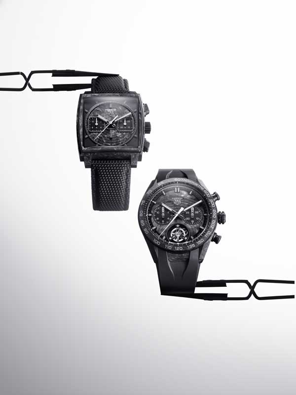 Amura,AmuraWorld,AmuraYachts, Monaco Flyback Chronograph TH-Carbonspring [<em>izq</em>.] y Carrera Chronograph Tourbillon Extreme Sport TH-Carbonspring [<em>der</em>.].