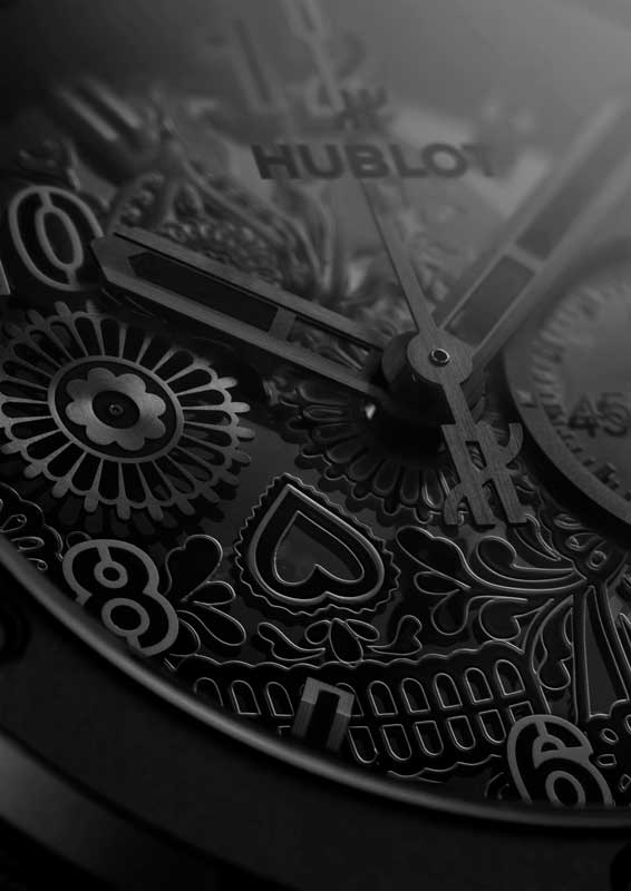Amura,AmuraWorld,AmuraYachts, Detalle de la carátula del Big Bang Unico Calavera All Black.