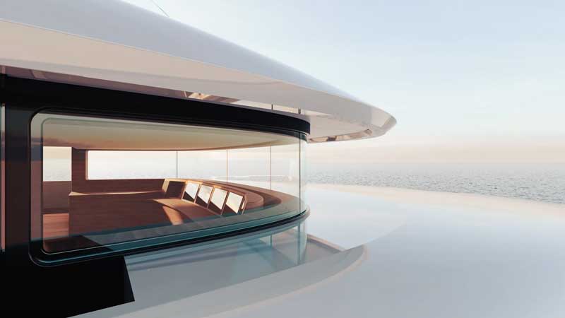 Amura,AmuraWorld,AmuraYachts, Por el acristalamiento, desde el puente de mando se tiene una vista de 180°.