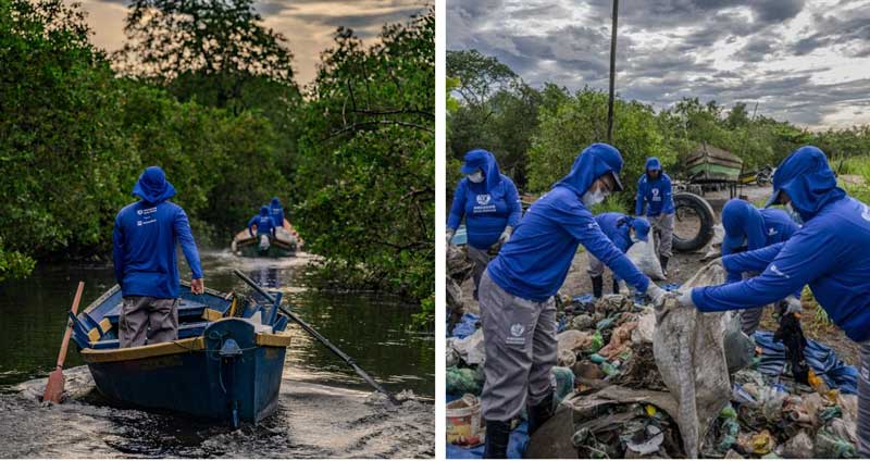 Amura,AmuraWorld,AmuraYachts, Personas con uniformes azules viajan en bote a través de un bosque de manglares y clasifican una gran pila de basura recolectada al aire libre. Foto: Rodrigo Campanário.