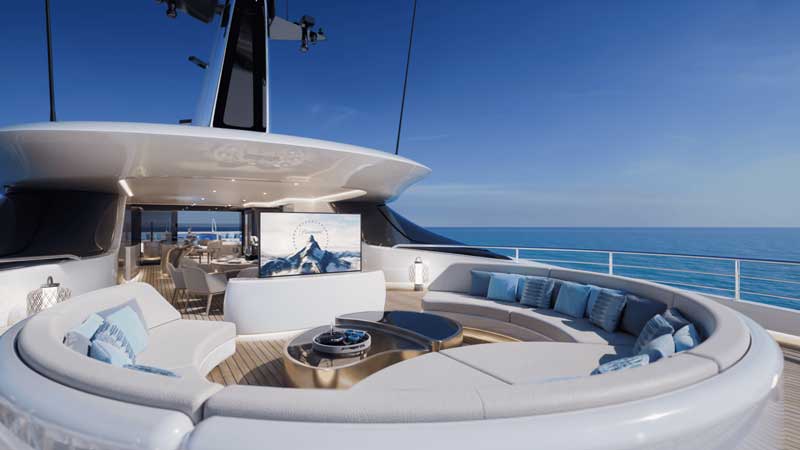 Amura,AmuraWorld,AmuraYachts, En la cubierta del puente destaca un <em><i>lounge</i></em> hundido con fogata integrada y área para cine al aire libre.