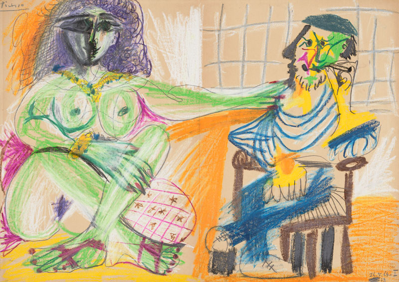 Amura,AmuraWorld,AmuraYachts, Pablo Picasso (1881-1973), <em><i>Hombre y mujer</i></em>, 26-27 de mayo de 1964. Lápiz de cera de colores y lápiz sobre papel. 52.7×74.3 cm.