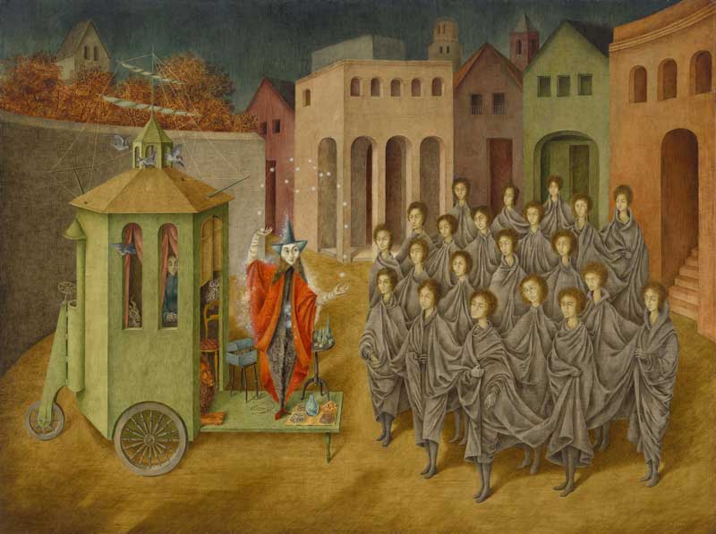 Amura,AmuraWorld,AmuraYachts, Remedios Varo (1908-1963), <em><i>El malabarista (El mago)</i></em>, 1956. Óleo e incrustaciones de nácar sobre tabla. 91×122 cm. Museo de Arte Moderno de Nueva York, donación de Joan H. Tisch (por intercambio), 2018. © 2026 Remedios Varo / VISDA. Foto: © 2025, Museo de Arte Moderno de Nueva York / Scala, Florencia.