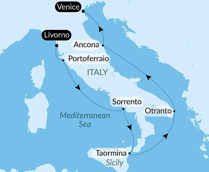 Amura,AmuraWorld,AmuraYachts, Paradas singulares e íntimas: la residencia de verano de <strong>Napoleón en Portoferraio</strong>, los pueblos encaramados de la <strong>Toscana</strong> y la luz dorada que brilla sobre la laguna veneciana, entre el mar y el patrimonio vivo.