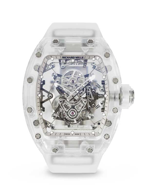 Amura,AmuraWorld,AmuraYachts, Richard Mille. Tourbillon esqueletizado de edición limitada con cristal de zafiro transparente, movimiento suspendido por cable de titanio e indicador de tensión del cable, c. 2015. Vendido por 3’014,500 dólares en la subasta de Relojes Importantes de Christie's en Nueva York, 2024.