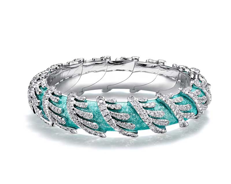 Amura,AmuraWorld,AmuraYachts, Palm bracelet in 18k white gold with sky-blue paillonné enamel and diamonds.