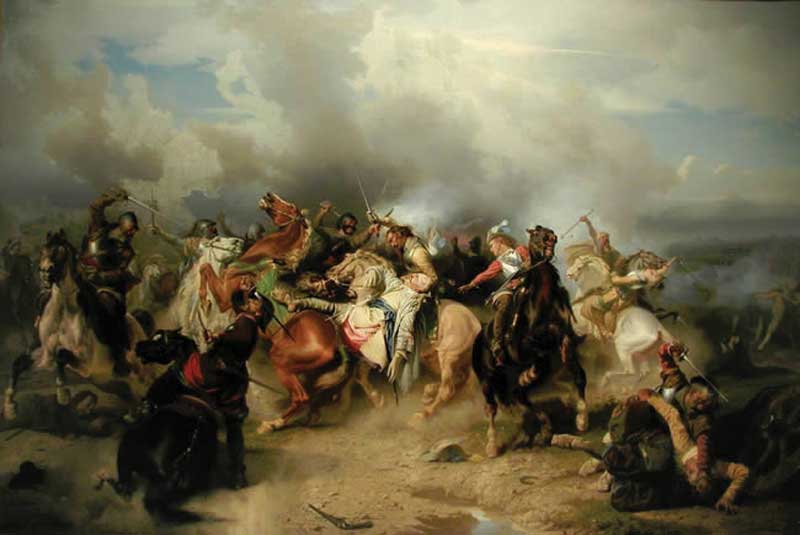  “La batalla de Lützen” por Carl Wahlbom, escenifica la muerte del rey Gustavo Adolfo en 1632, durante la Guerra de los Treinta Años.