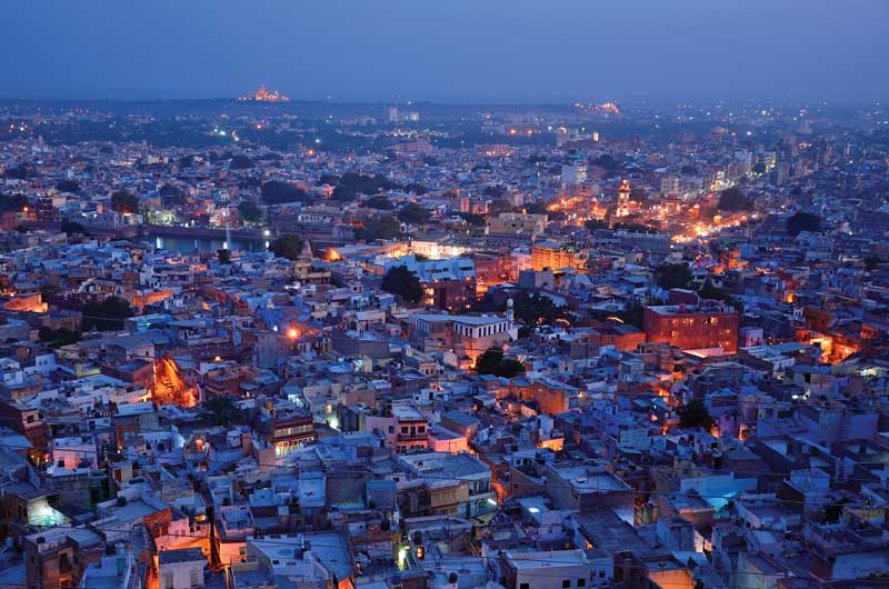 
Jodhpur architecture blends with the blue sky and sunset.