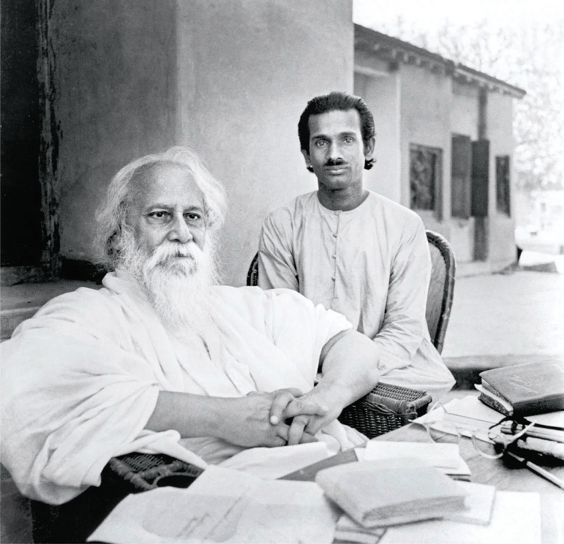 Tagore accompanied by the Indian artist and writer Santidev Ghosh.