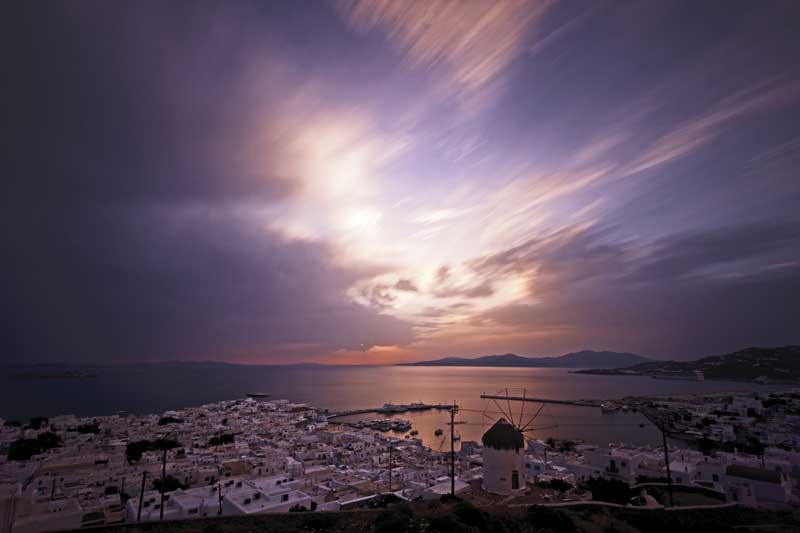 Sunset in Mykonos, Greece.
