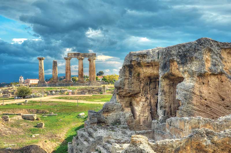 Columns and ruins in Delos, Greece.