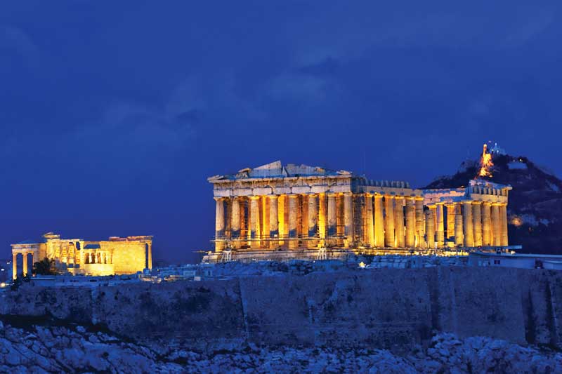 The Parthenon at night on the Athenian Acropolis, Greece.