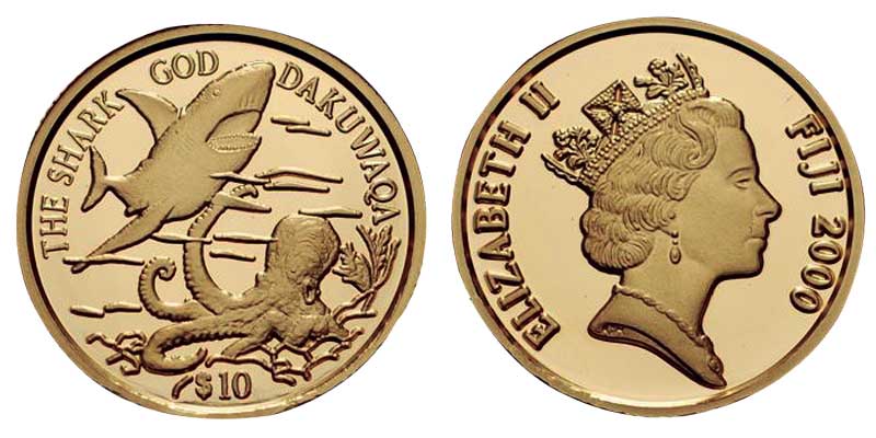 Moneda conmemorativa que ilustra a Dakuwaqa, el dios tiburón, y a la Reina Elizabeth II de Inglaterra. 
