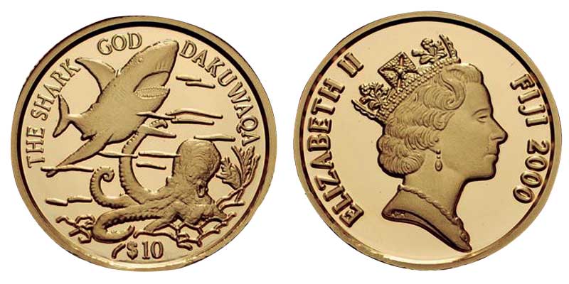 Moneda conmemorativa que ilustra a Dakuwaqa, el dios tiburón, y a la Reina Elizabeth II de Inglaterra. 
